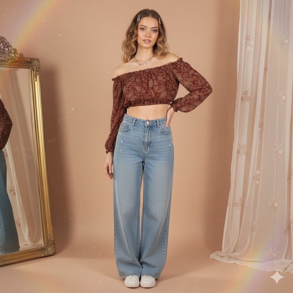 Express Off Shoulder Paisley Peasant Blouse‎ XXS Boho Sheer Cropped Top Red